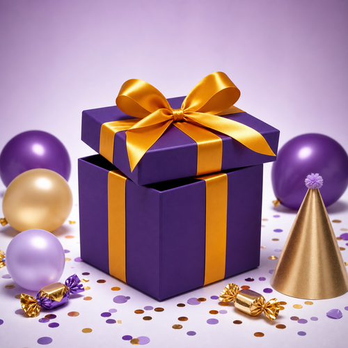 Birthday Mystery Box with confetti and balloons