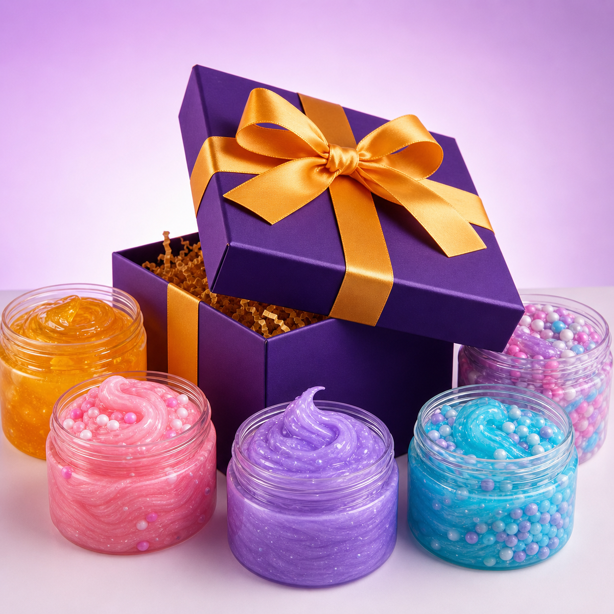Slime Mystery Box with colorful slime jars