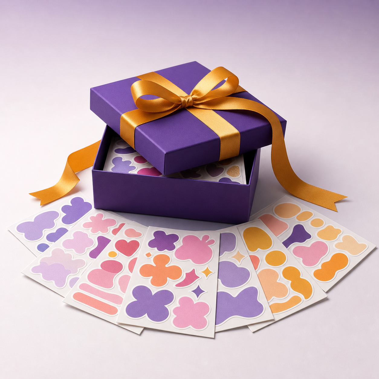 Sticker Mystery Box with fanned sticker sheets