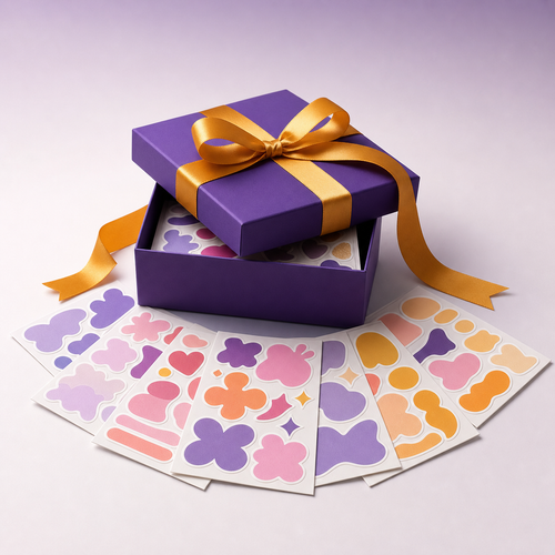 Sticker Mystery Box with fanned sticker sheets