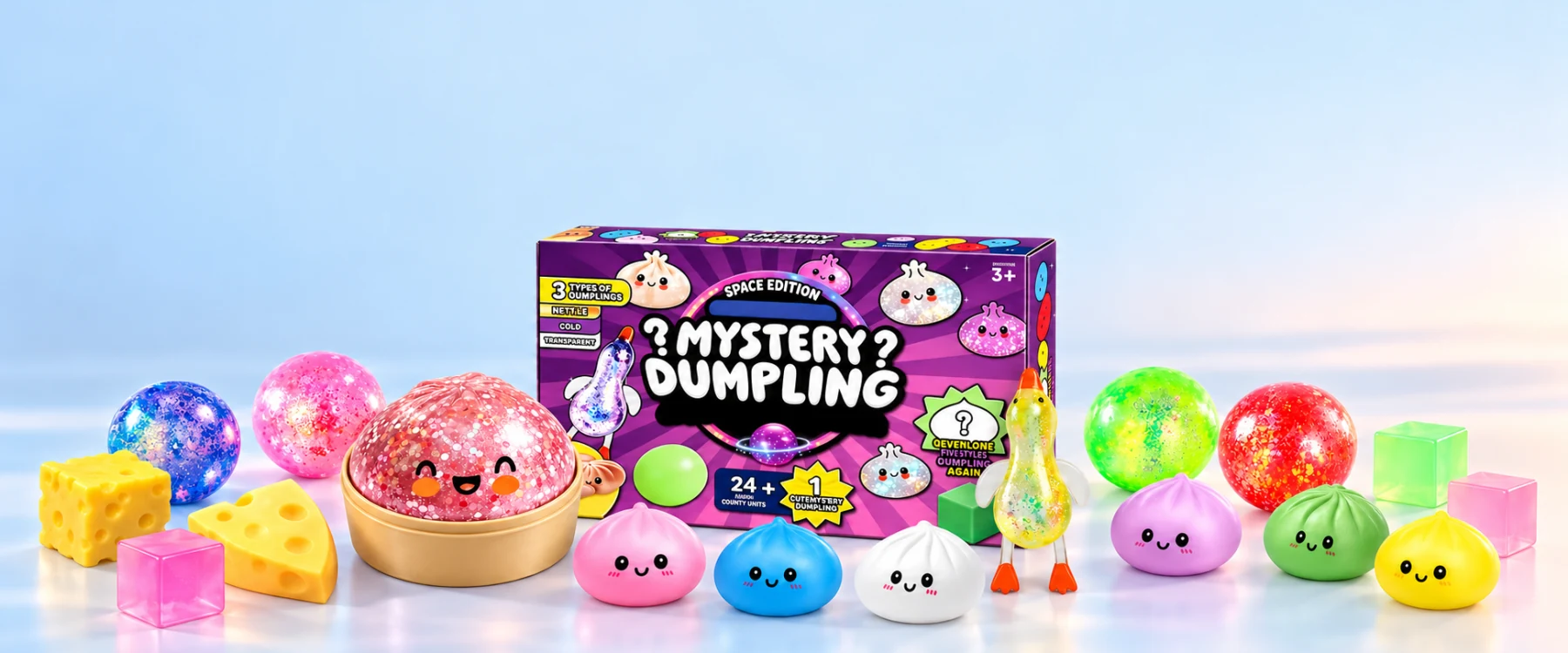 A purple window-style mystery box and the squishies shown with its presentation, on a pale blue studio set