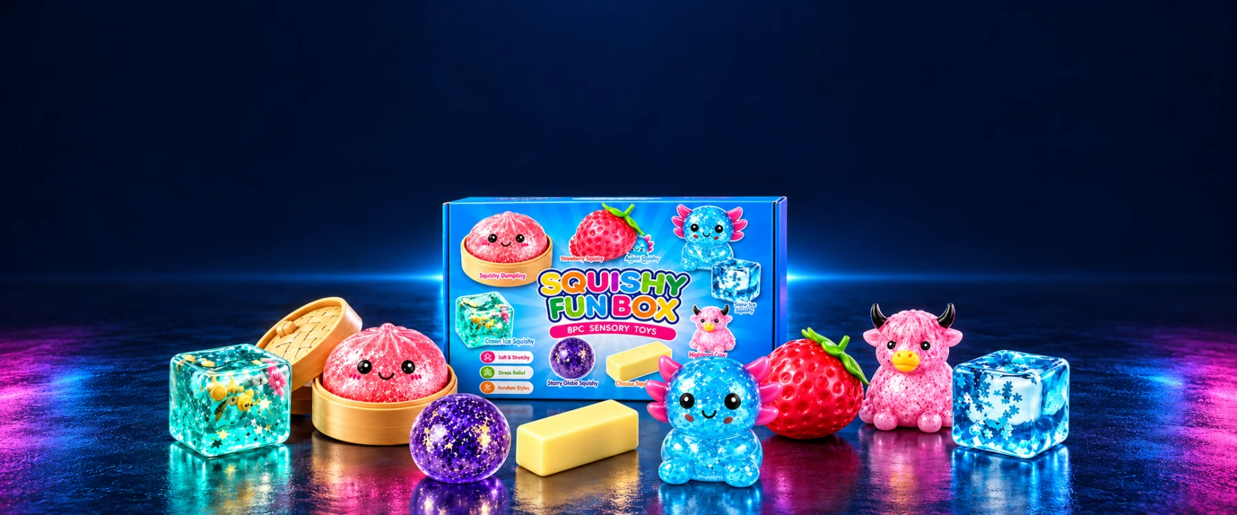 The blue Squishy Fun Box and its colorful axolotl, dumpling and food themed squishies in a studio scene